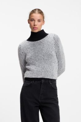 Boat-neck sweater with textured two-tone ribbing, Grey