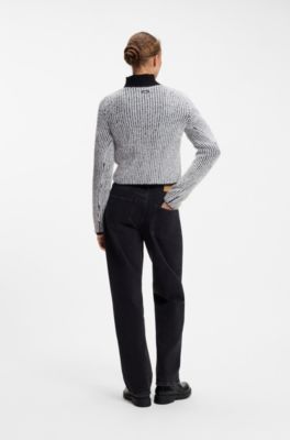 Boat-neck sweater with textured two-tone ribbing, Grey