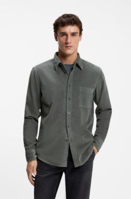 Regular-fit shirt in cotton corduroy, Dark Green