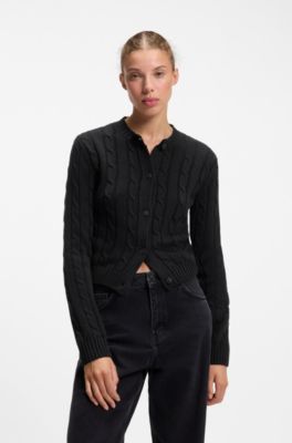 Cable-knit cardigan with buttoned closure, Black