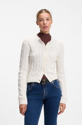 Cable-knit cardigan with buttoned closure, Natural