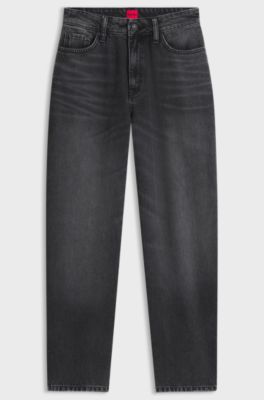 Barrel-fit jeans in black denim with rhinestone detailing, Dark Grey