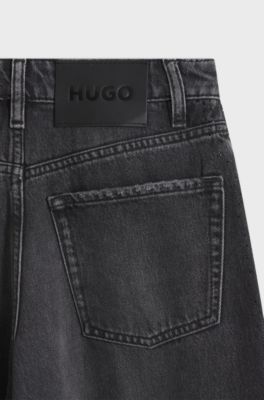 Barrel-fit jeans in black denim with rhinestone detailing, Dark Grey