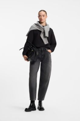 Barrel-fit jeans in black denim with rhinestone detailing, Dark Grey