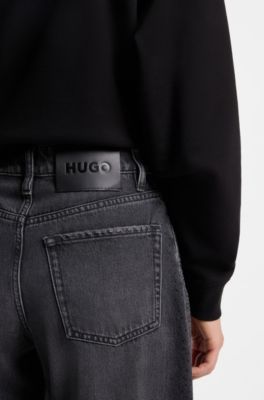 Barrel-fit jeans in black denim with rhinestone detailing, Dark Grey
