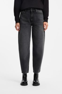 Barrel-fit jeans in black denim with rhinestone detailing, Dark Grey