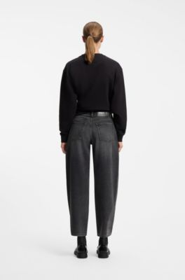 Barrel-fit jeans in black denim with rhinestone detailing, Dark Grey