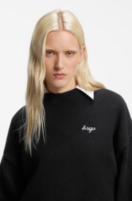 Oversized-fit knitted sweater with script logo, Black