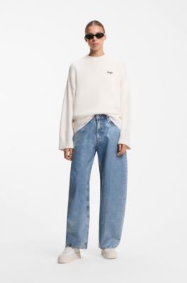 Oversized-fit knitted sweater with script logo, Natural