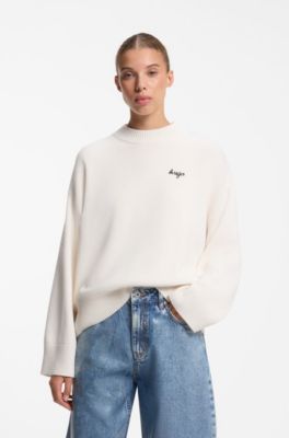 Oversized-fit knitted sweater with script logo, Natural