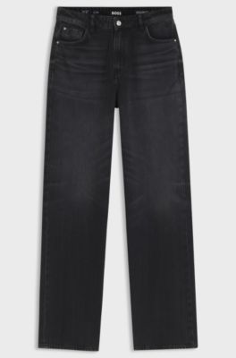 Wide-leg jeans in black rigid denim, Black