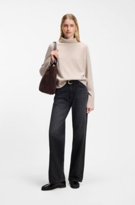Wide-leg jeans in black rigid denim, Black