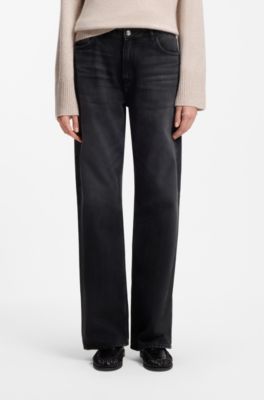 Wide-leg jeans in black rigid denim, Black