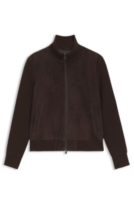 Suede jacket with knitted sleeves, Dark Brown