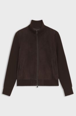 Suede jacket with knitted sleeves, Dark Brown