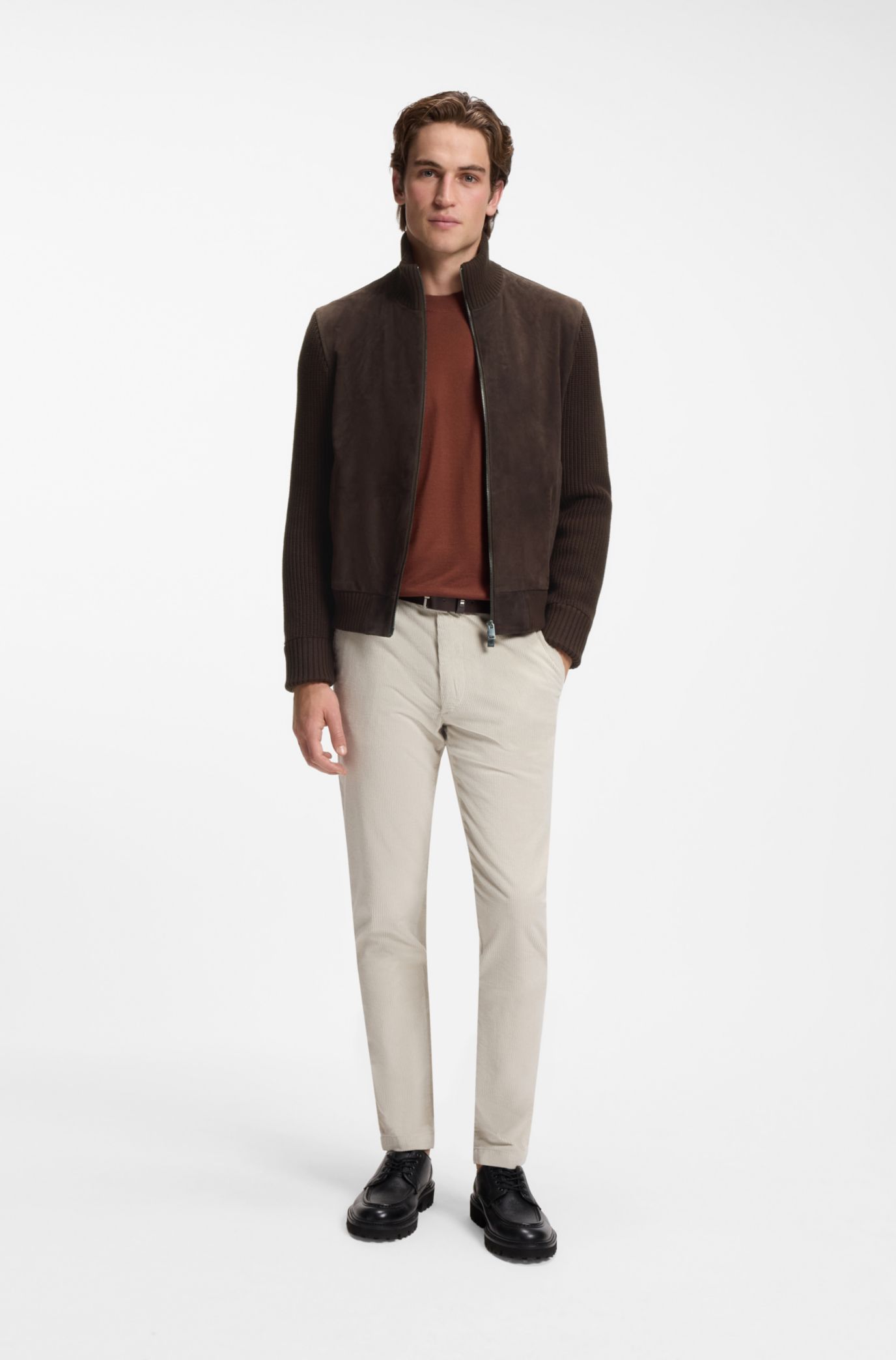 Suede jacket with knitted sleeves, Dark Brown