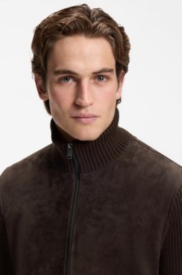 Suede jacket with knitted sleeves, Dark Brown