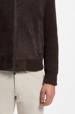 Suede jacket with knitted sleeves, Dark Brown