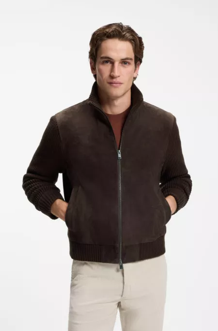 Veste en cuir suédé avec manches en maille