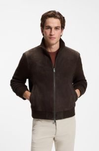 Suede jacket with knitted sleeves, Dark Brown