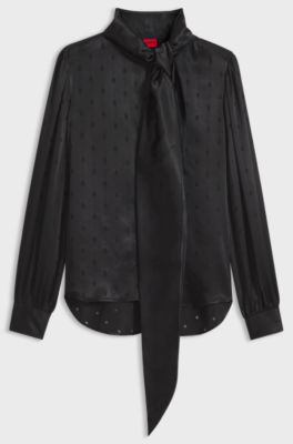 Regular-fit blouse in satin with burnout print, Black Patterned
