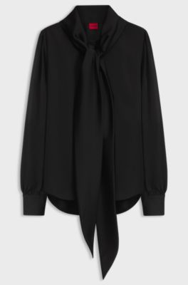 Regular-fit blouse in satin with burnout print, Black Patterned