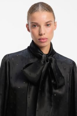 Regular-fit blouse in satin with burnout print, Black Patterned