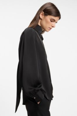 Regular-fit blouse in satin with burnout print, Black Patterned