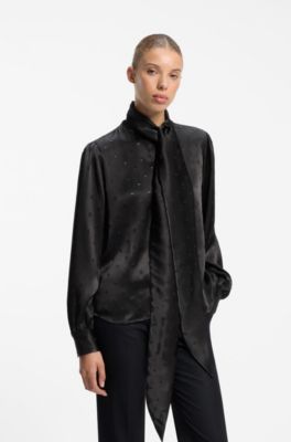 Regular-fit blouse in satin with burnout print, Black Patterned