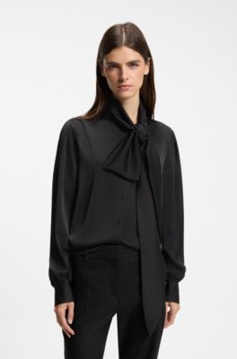 Regular-fit blouse in satin, Black