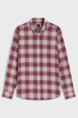 Regular-fit button-down shirt in checked cotton flannel, Red Patterned