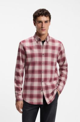 Regular-fit button-down shirt in checked cotton flannel, Red Patterned
