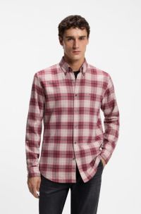 Camicia regular fit button down in flanella di cotone a quadri, Rosso a motivi