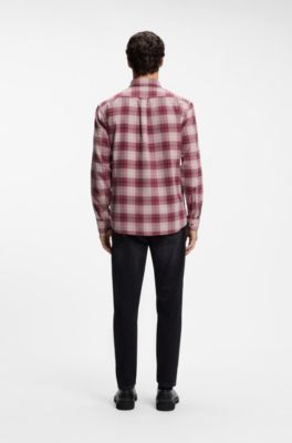 Regular-fit button-down shirt in checked cotton flannel, Red Patterned