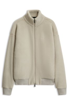Logo-embroidered zip-up sweatshirt in teddy fleece, Light Beige
