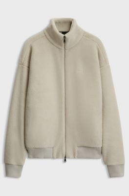 Logo-embroidered zip-up sweatshirt in teddy fleece, Light Beige