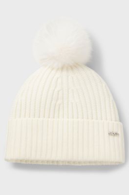 Beanie hat in ribbed virgin wool with pompom, Natural