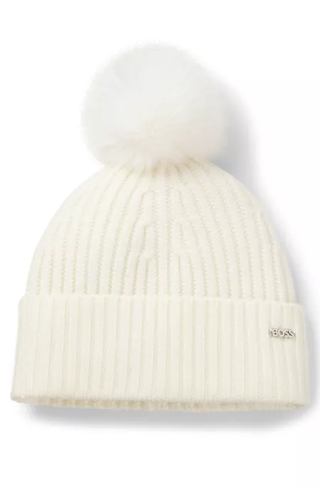 Beanie hat in ribbed virgin wool with pompom