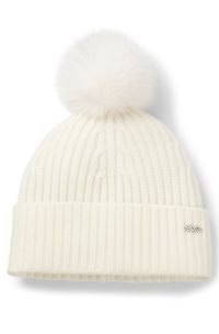 Beanie hat in ribbed virgin wool with pompom, Natural