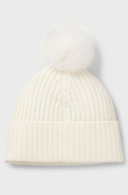 Beanie hat in ribbed virgin wool with pompom, Natural