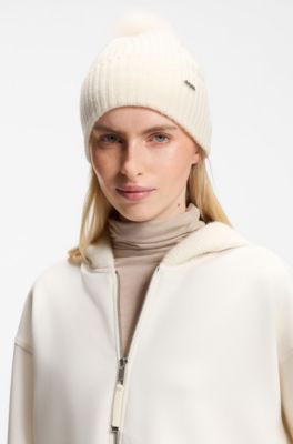 Beanie hat in ribbed virgin wool with pompom, Natural