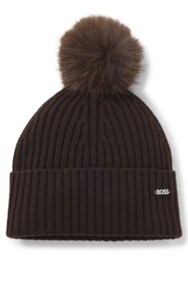 Beanie hat in ribbed virgin wool with pompom, Dark Brown