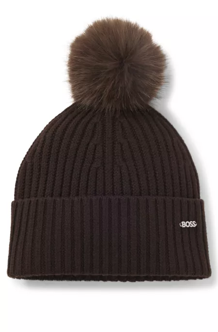 Beanie hat in ribbed virgin wool with pompom