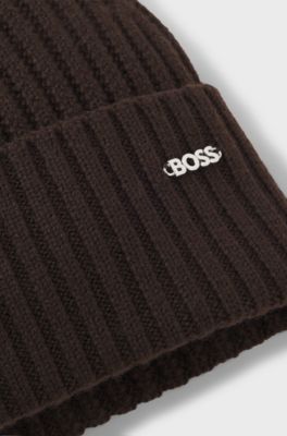 Beanie hat in ribbed virgin wool with pompom, Dark Brown