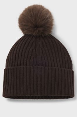 Beanie hat in ribbed virgin wool with pompom, Dark Brown