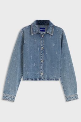 Cropped denim shirt with script logos, Patterned