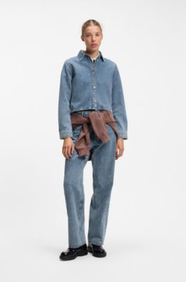 Cropped denim shirt with script logos, Patterned
