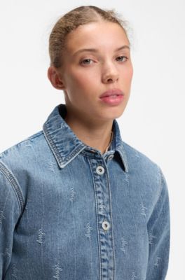 Cropped denim shirt with script logos, Patterned
