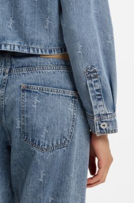 Cropped denim shirt with script logos, Patterned