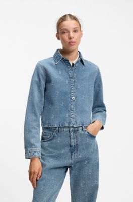 Cropped denim shirt with script logos, Patterned